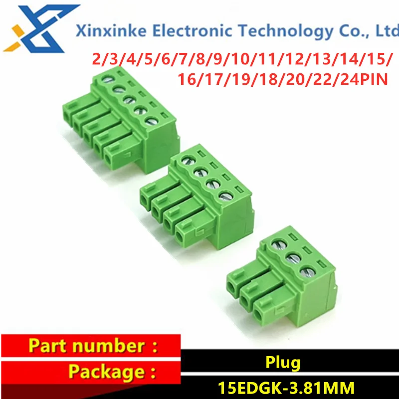 

10/20/50PCS Plug-in Terminal Block 3.81MM Green 15EDGK-3.81MM 2P/3P/4/5/6/7/8/9/10P 11/12/13/14/15/16PIN 17/18/19/20/22PIN
