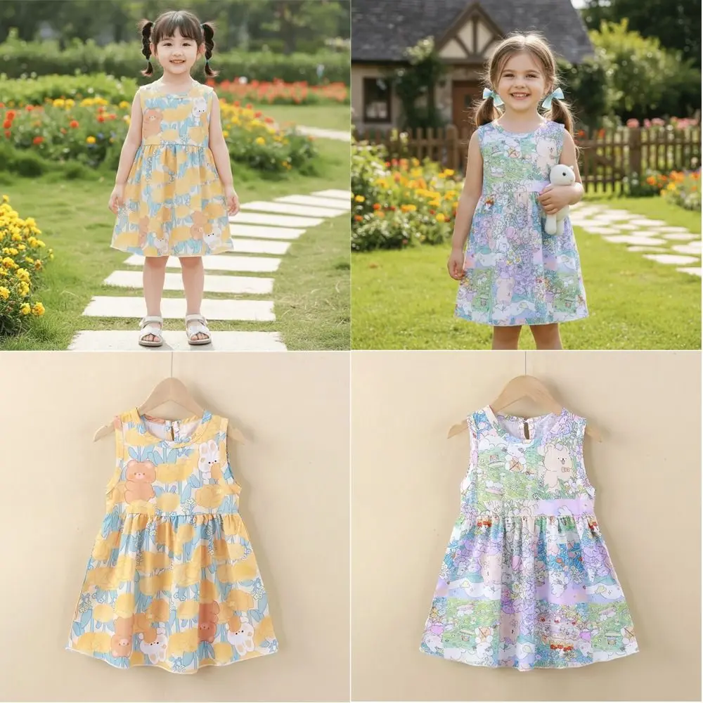 Trend Graffiti Printed Girls Summer Dresses Sweet Floral Cool Princess Dress A-line Skirt Clothing
