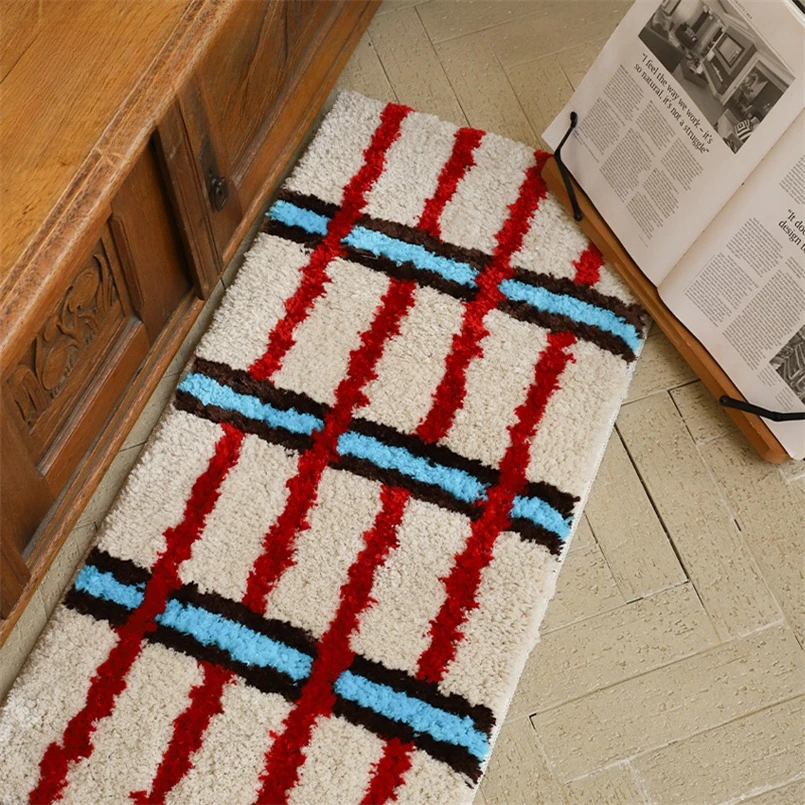 Vintage Color-matching Plaid Bedside Thick Carpet, Absorbent Floor Mat, Non-slip Foot Mat, Home Sofa, Coffee Table, Bathroom