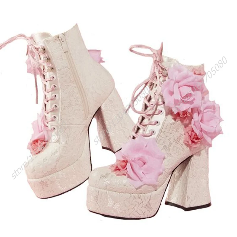 

White Lace Pink Flower Calf Booties Platform Chunky Heel Cute Girl Rose Satin Sweet Round Toe Lace-Up Zip Patchwork Fringe Boots