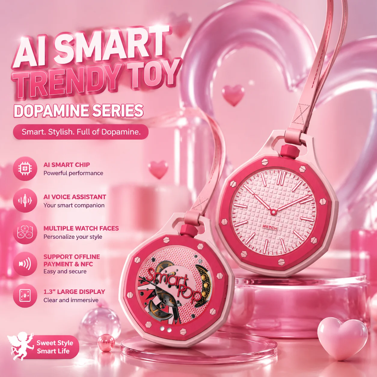 Dopamine Style Necklace Lanyard Watch for Girls, Cute Fashion Wrist Watch with NFC & AI Voice Assistant, 3ATM Waterproof, Ultra
