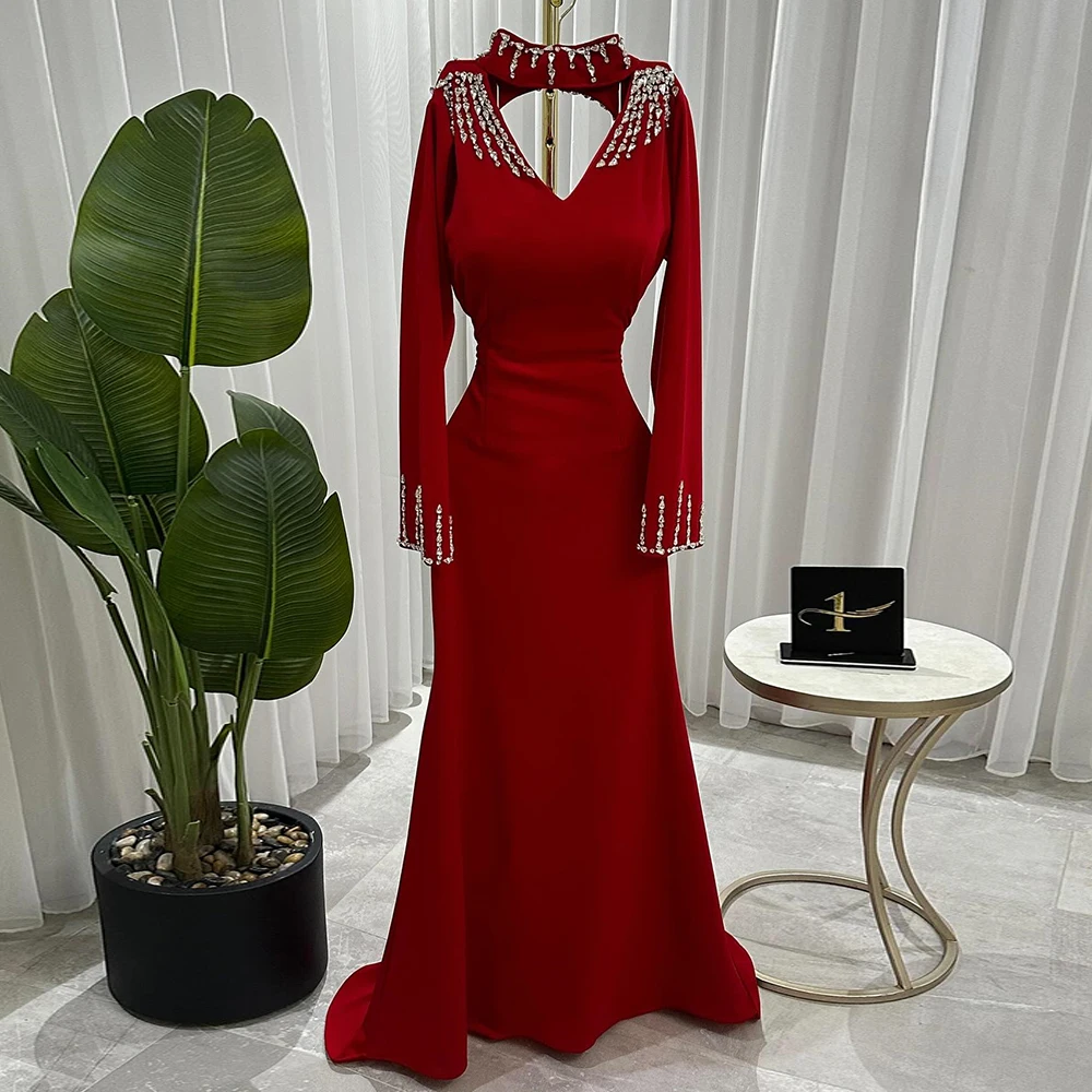 

Вечерние платья русалки по индивидуальному заказу, длиной до пола, с высоким воротником и длинными рукавами, платье для выпускного вечера, модное драпированное вечернее платье с открытой спиной и кристаллами