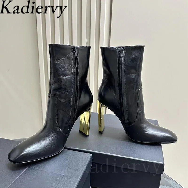 Sexy High Heels Ankle Boots Women Genuine Leather Runway Shoes Women Round Toe Gold Heels Short Boots Woman Botas Mujer