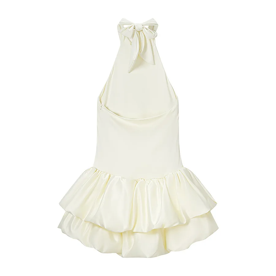Elegantes Einfarbiges Neckholder-Minikleid mit Rückenausschnitt, Süßer Verzierter Stufenrock mit Rüschen, Damenkleid für Abendpartys, Club und Abschlussball – Detail 5