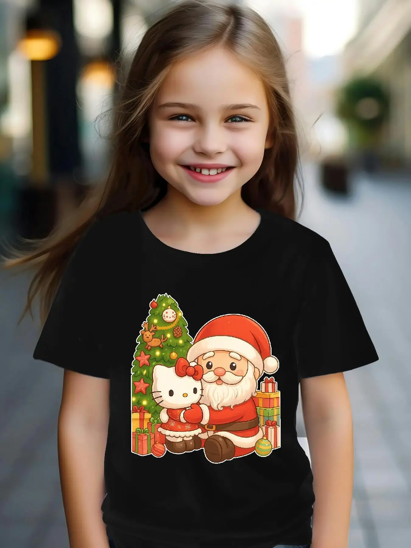 

Hello kitty Santa Claus Christmas Graphic T-Shirt for Girls Boys Festive Holiday Design Perfect for Casual Wear Holiday Shirts
