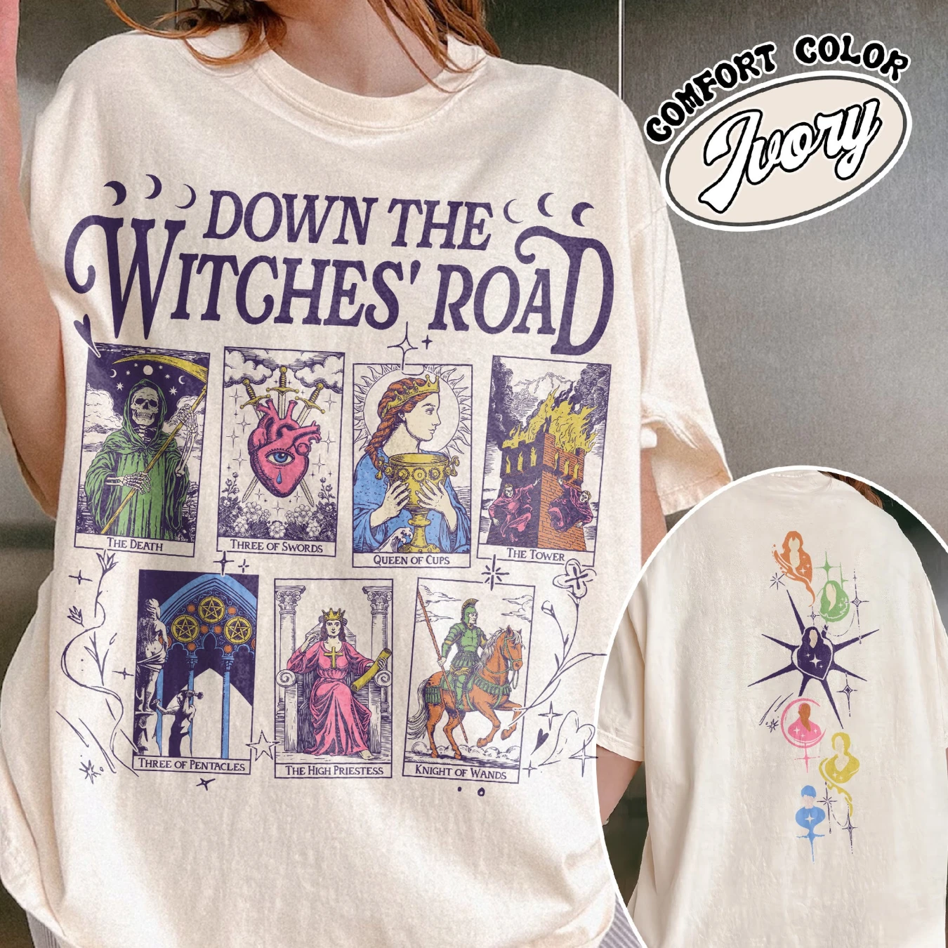 Camisa Down The Witches Road,Camiseta de bruja verde Wicca,Camiseta de cartas de Tarot Down The Witches Road,Camiseta de Witch Coven,Camiseta All Along