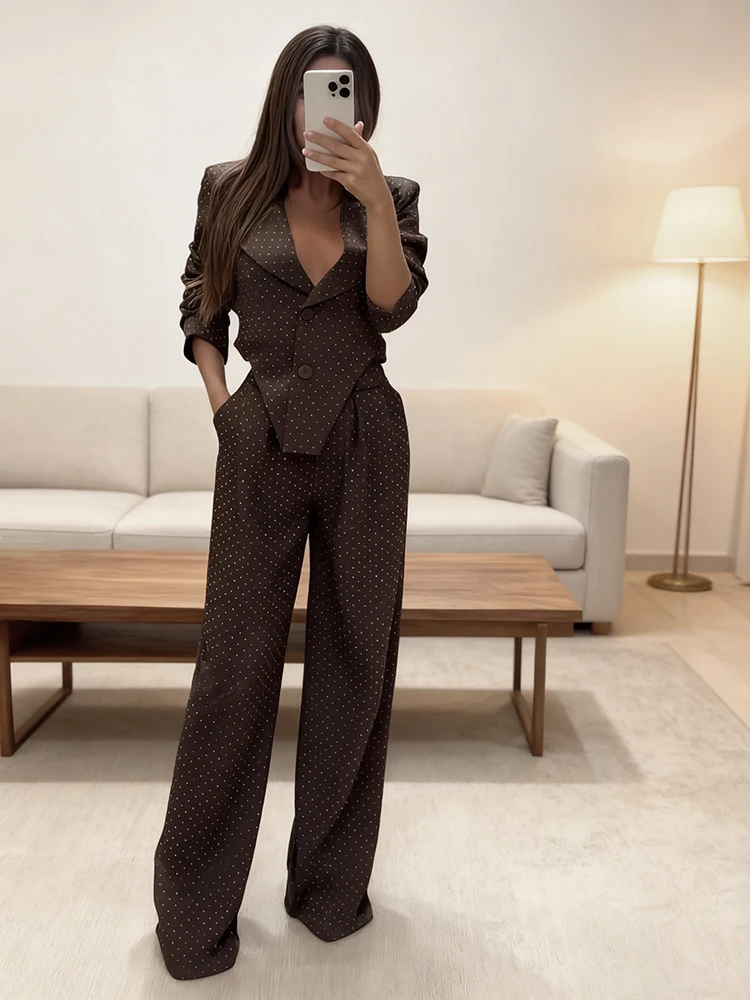 2Pcs Women's Commuting Suit Lapel Irregular Waist Hollow Long Sleeve Top High Waist Pants Fashion Elegant Lady Office Outfit