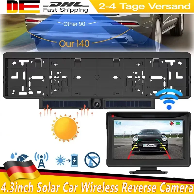 4,3-Zoll-WiFi-Solar-Rückfahrkamera, universell für Auto, SUV, Wohnmobil, LKW, Anhänger, Pickup, Nummernschild-Rückfahrkamera