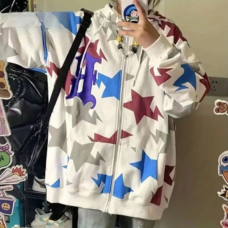 

Coat Trendy Star Printed Zipper Cardigan Hooded Couple Student Hoodie Male