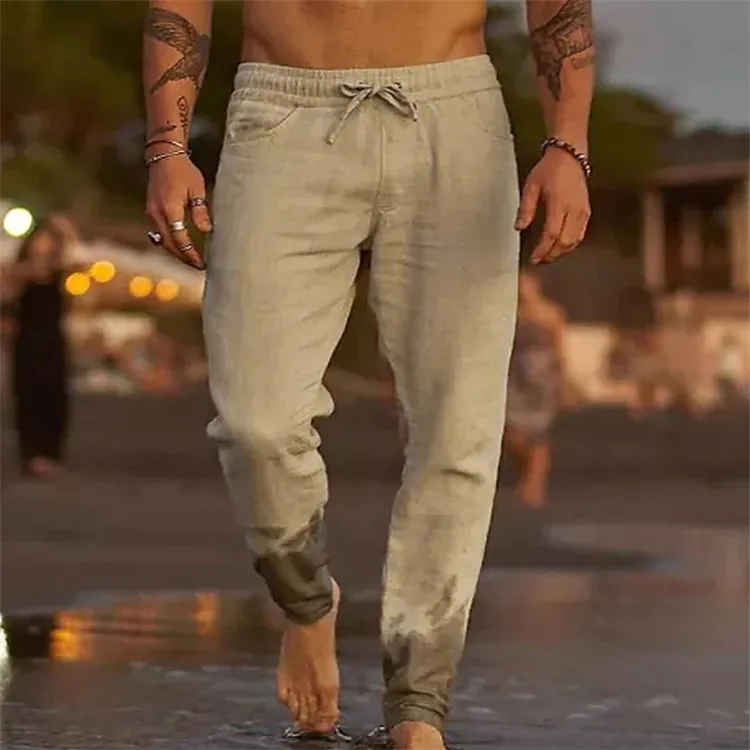 Men Jogger Linen Pants Loose Tapered Drawstring Elastic Waist Breathable Lightweight Fabric Trousers For Beach Holiday Casual