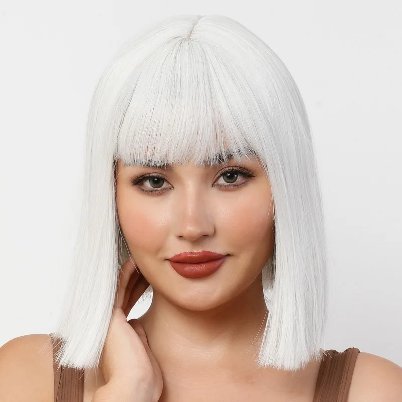 Party Bob Wig Cover Woman Ball Skirt Dress Up Headwear Bangs Short Straight Hair Full Head Cover Stage Role Play Cos Wig