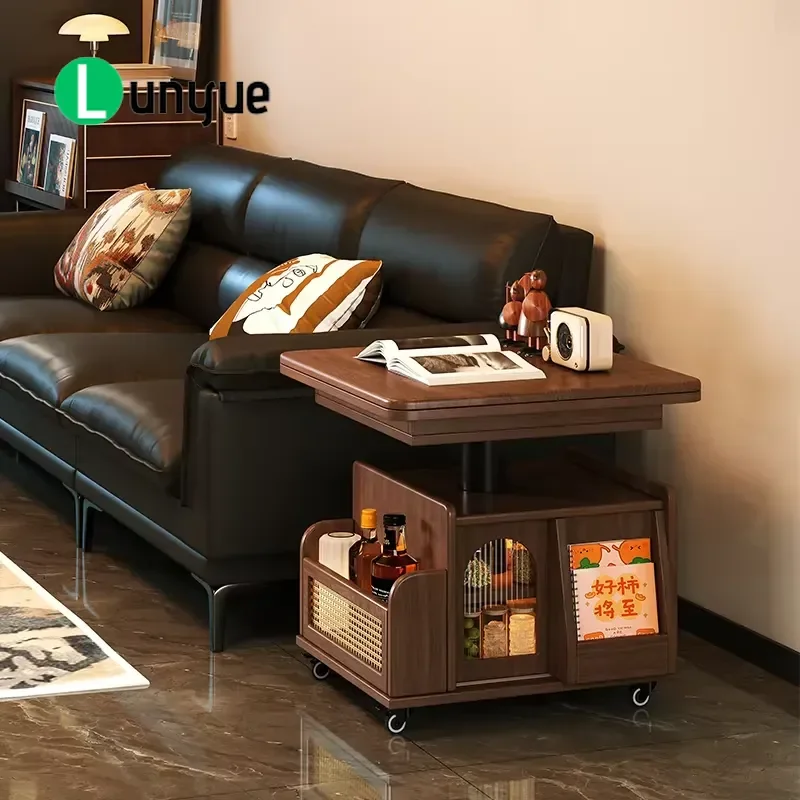 Foldable Lift Coffee Table Solid Wood Movable Cart Multi Functional Double Sided Cabinet Storage for Living Room Furniture