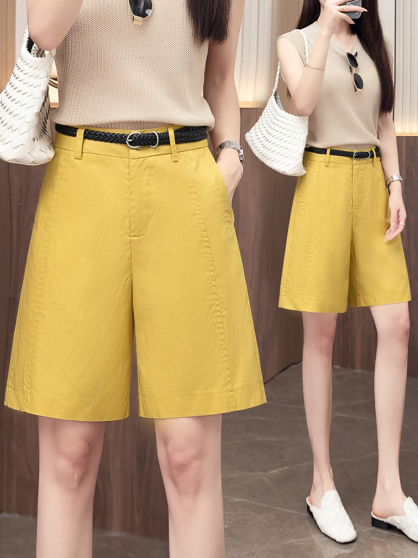 High Waist Loose Fit Linen Shorts Women's Summer Thin New Style Casual Wide Leg Five-Quarter Pants Outerwear Dream Wisdom