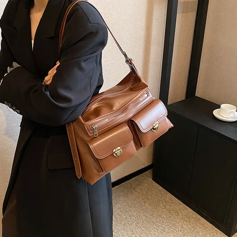 JIAERDI Vintage Brown Shoulder Bag Women Retro Pu Leather Soft Pocket Casual Handbag Female Moto Biker Y2k Handbags Aesthetic