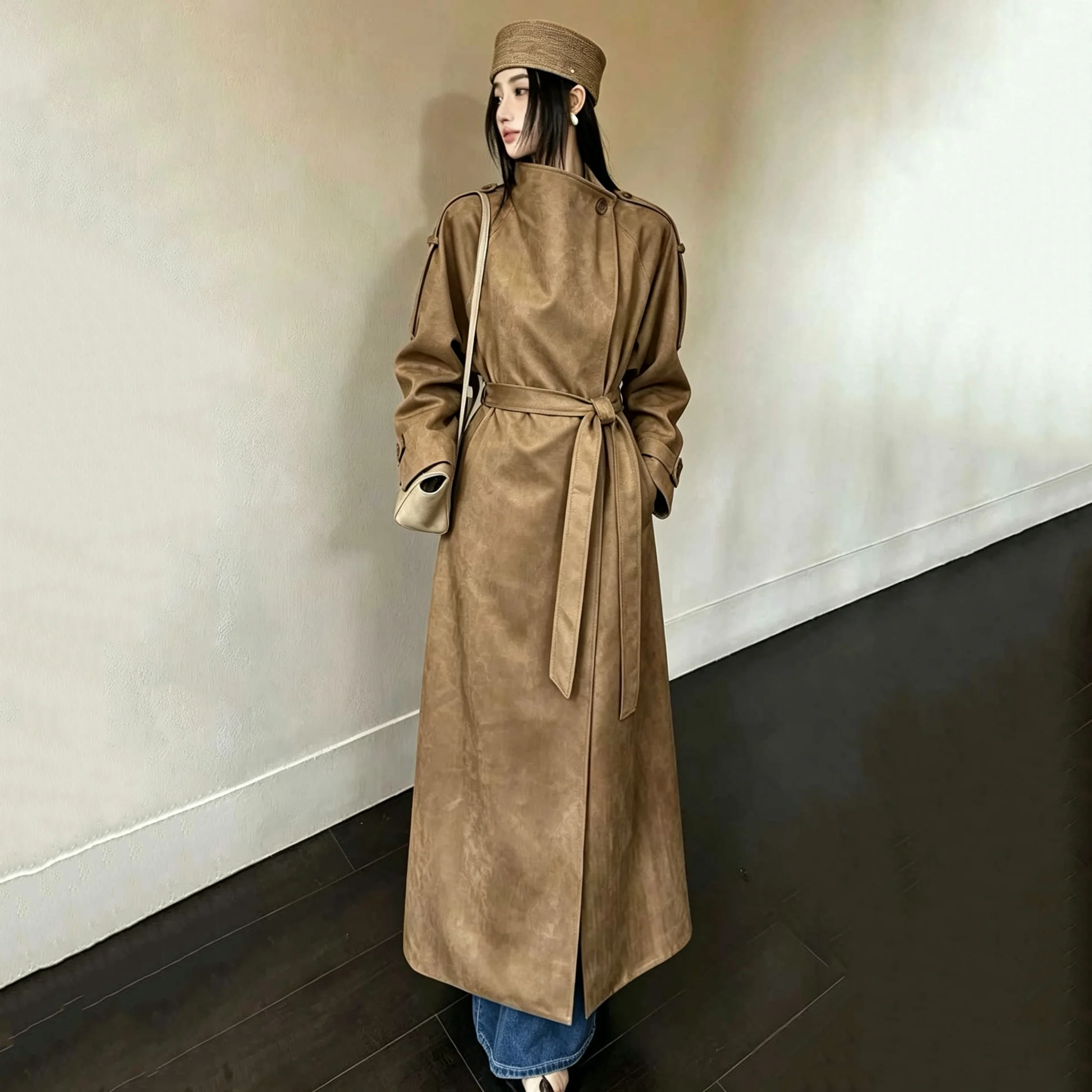 RU Women Shawl Collar Suede Maxi Trench Coat Epaulet Decoration Self Tie Belt Autumn Winter Vintage Trendy Outerwear