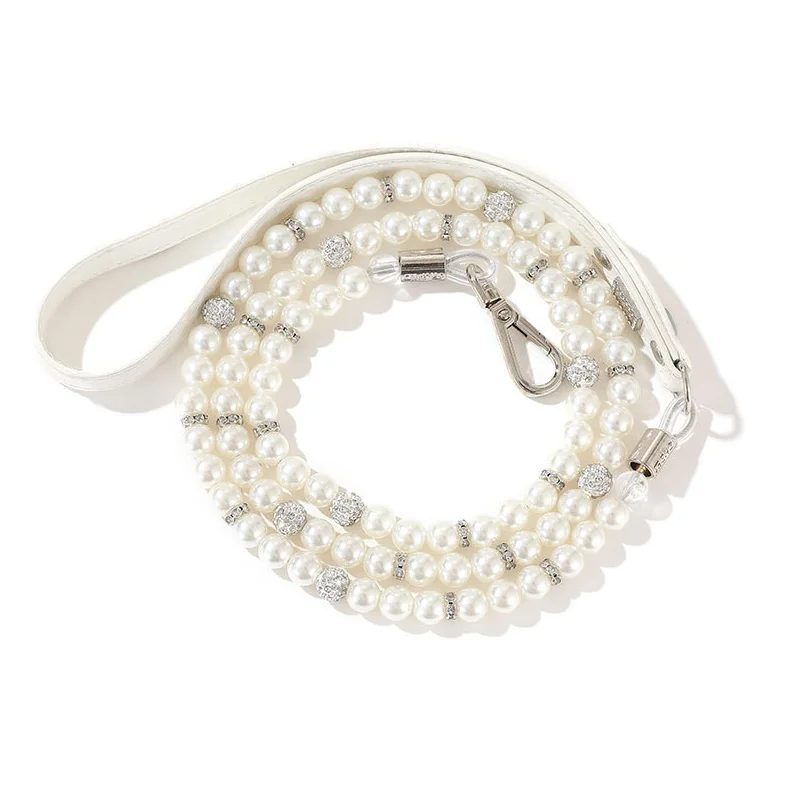 Luxury Pet Pearls Collar Leash Set 2 Rows Pearls Pet Necklace and PU Leather Pearl Leash Wire with Crystal Rhinestone Pet Collar