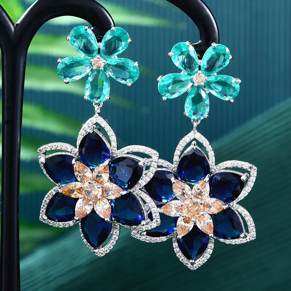 GODKI Semi Joias Charms Luxury Trendy Flower Charm Pendant Earrings Full Mirco Paved Crystal Zircon Dubai Wedding Jewelry