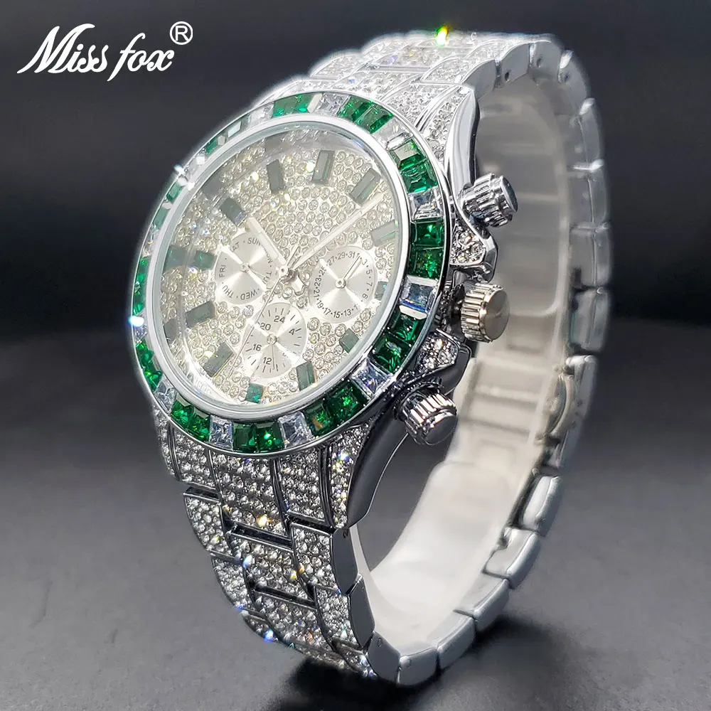 IceOut Watch For Man Green Gem Circle Chronograph Waterproof Men Quartz Watches Hip Hop Fashion Street Style Reloj Dropshipping