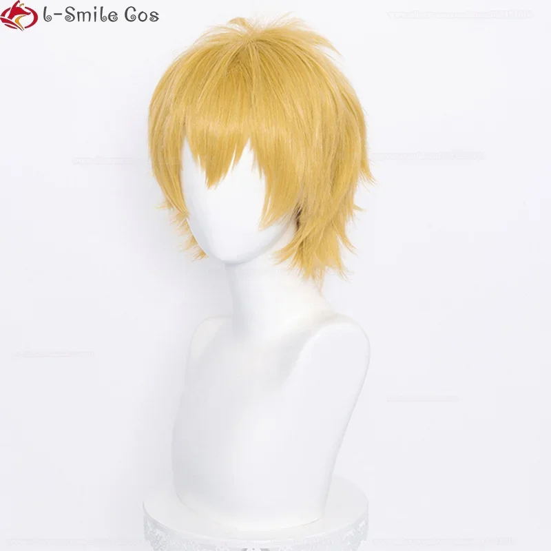 Peluca de Cosplay de Denji de Anime para hombres, pelucas cortas de 30cm con parche de ojos, amarillo dorado/naranja, gorro de peluca