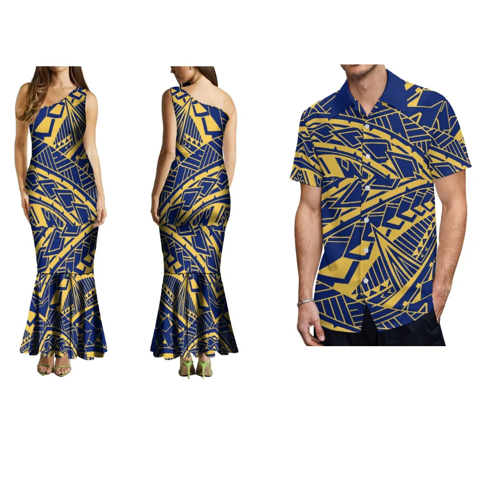 

Fashion Couple Set Women's Diagonal Shoulder Fishtail Skirt With Men's Short-Sleeved Shirt Print Custom Polynesian Tribal Dress