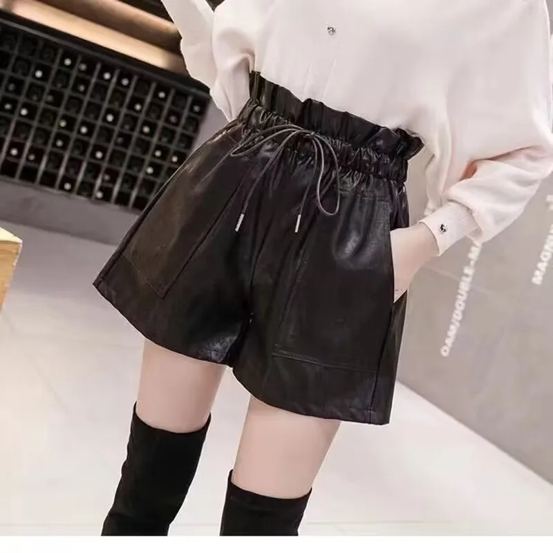 High Waist Shorts Flower Bud Wide Leg PU Leather Shorts 2025 New Spring Summer Korean Loose High Street Black Sexy Women Shorts