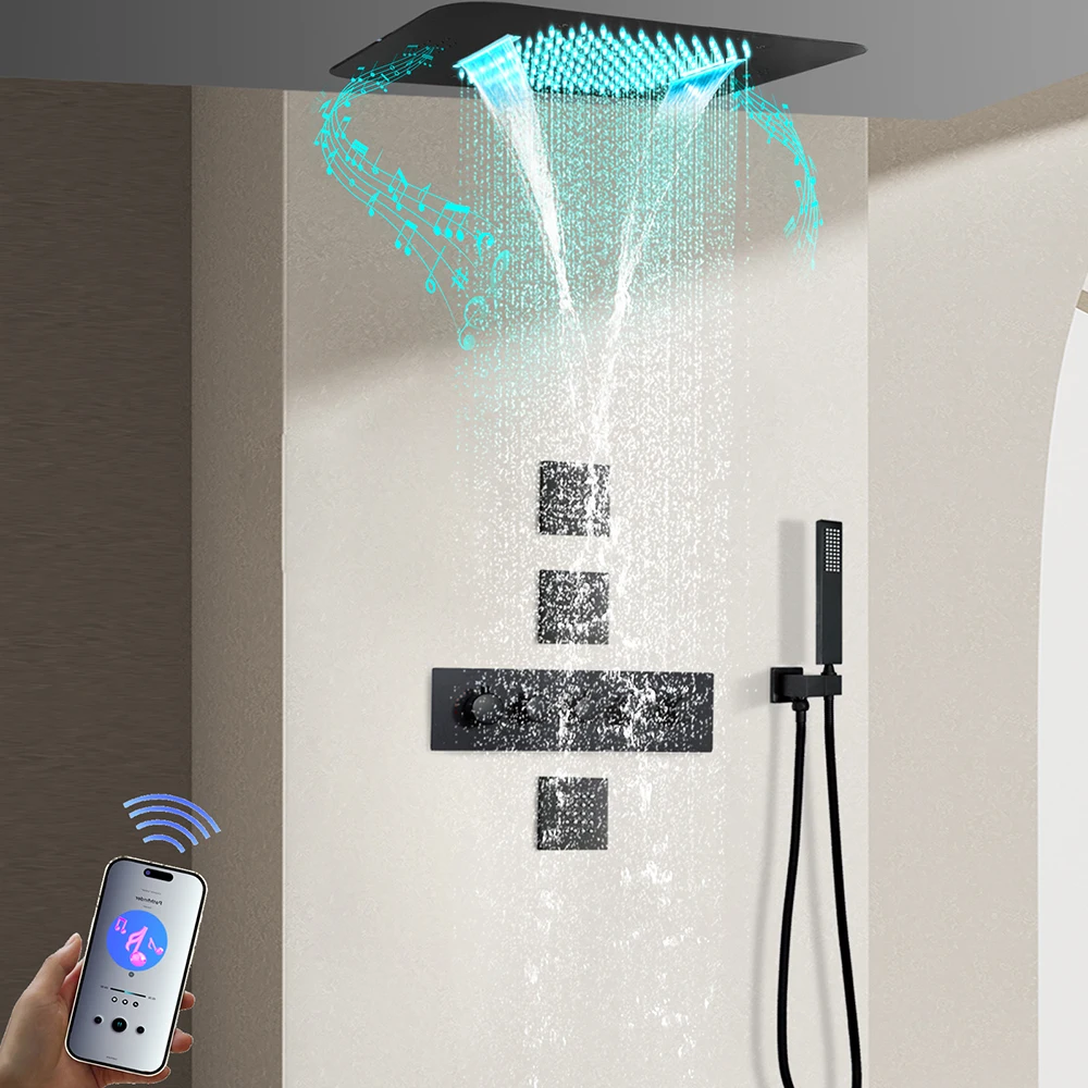 580X380mm LED Shower Head with Bluetooth Music 4-Function Thermostatic Shower System Chrome Luxury Bathroom Rain Shower Set