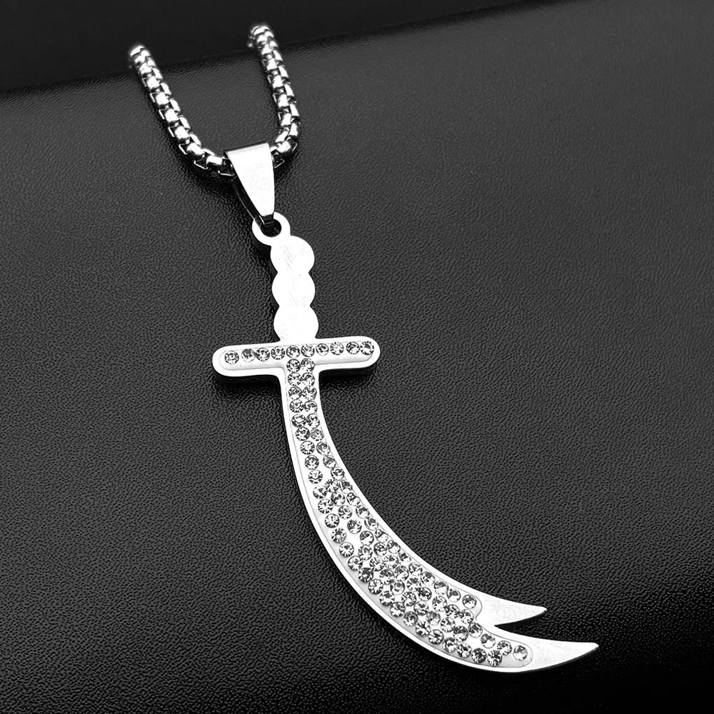 Islamic Imam Ali Zulfiqar Sword Pendant Necklace for Women Men Stainless Steel Gold Color Full Rhinestones Arabic Chain Jewelry - view 3