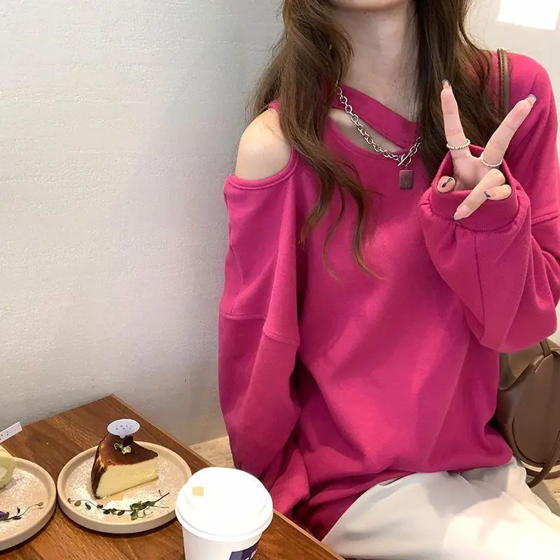 2024 Spring Autumn Korean Edition Loose Long Sleeves Hoodie for Women\'s Lazy Style Casual personality Off Shoulder T-shirt Top