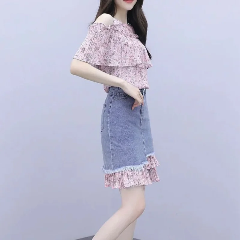 Kawaii Skirt Printing Women\'s Two Piece Set Denim Short Sleeve Commuting Midi Pink Female Outfits Full Clothing New Arrivals