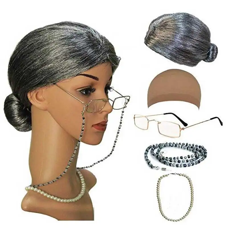 Girls Old Lady Costume Kit With Nightgown Wig Cane Other Halloween Cosplay Accessories