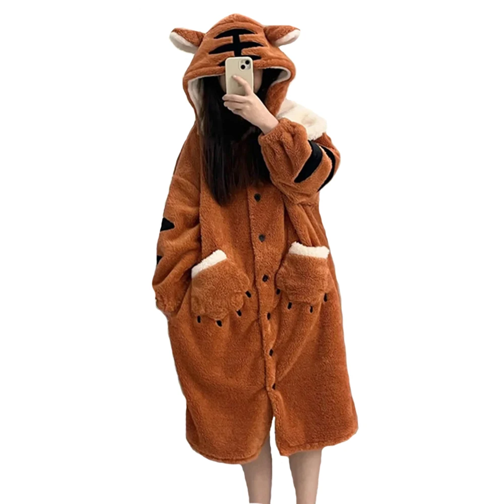 Cute Tiger Long Pajamas Loose Fastener Button Bathrobe with Pockets Hooded Nightdress Flannel Home Wear Clothing Female Costume