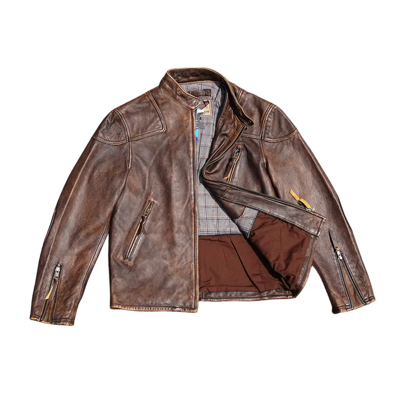 

Dark Brown Autumn Leather Jacket Men Retro Vintage Style Plus Size 5XL Genuine Natural Cowhide Slim Stand Collar Leather Coat
