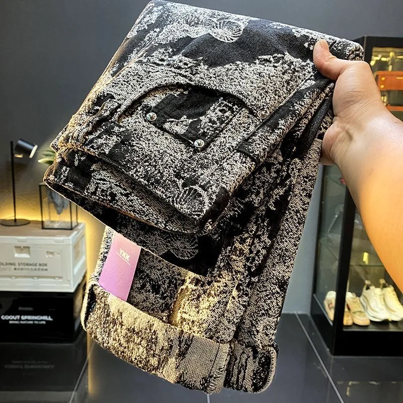 

Autumn and Spring New Fashion Trend Print Retro Sports Straight Leg Jeans Men's Casual Comfortable High Quality Denim Pants