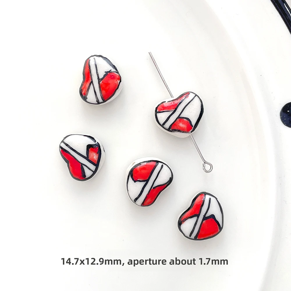 4 PCS Ceramic Hand-painted Straight Hole Heart-shaped Beads DIY Jewelry Making Necklace, Bracelet, Clothing Accessory Materials
