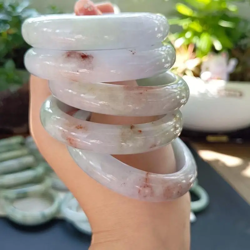 Grade A jadeite bracelet, fine smooth texture, violet color with floral patterns and gold accents, size 52