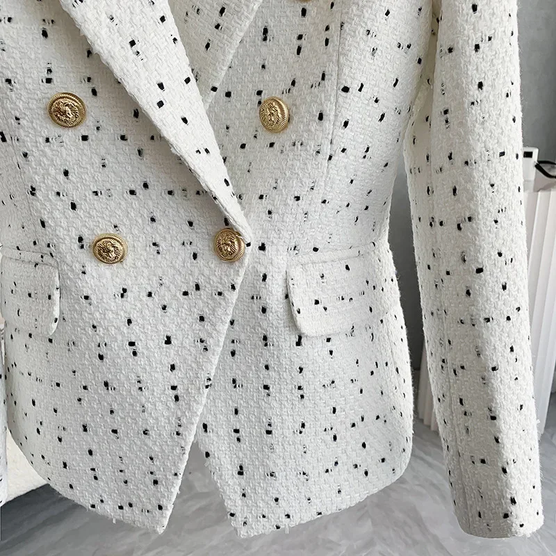 Blazer formel blanc imbibé pour femme, veste élégante à carreaux pour femme, manteau à double bouton, vêtements de travail d'affaires minces, veste de bureau pour femme