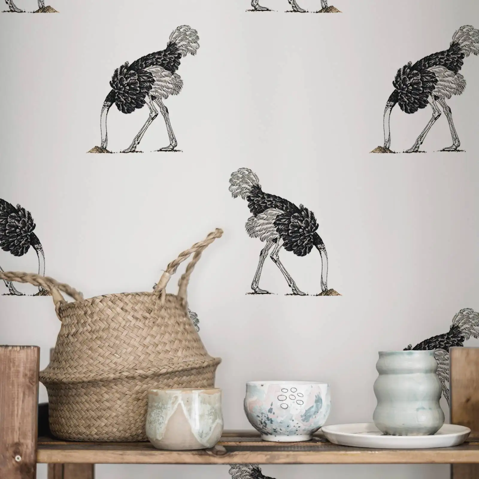 Cute Animal Wallpaper Peel and Stick,Black Ostrich Pattern In White Background Wall Papers,Home Decorations/Wall Art,Custom SIze
