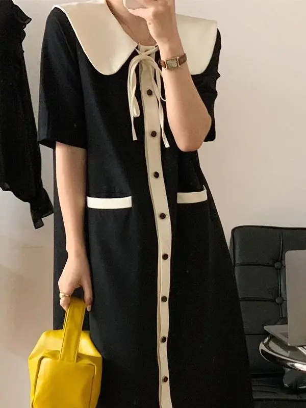 

plus Size Casual Black Short Sleeve Doll Collar Dress Women's A-Line Midi Skirt Summer Comfortable Breathable High Waist