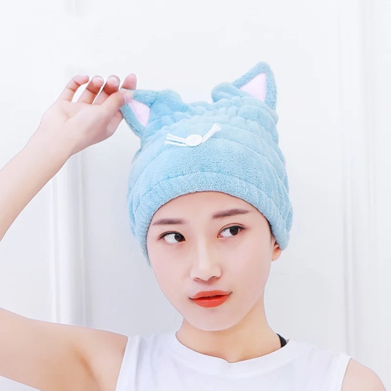 Cute Cat Microfiber Hair-drying Towel Bath Cap Strong Absorbing Drying Long Soft Special Dry Hair Cap Towel with Coral Velvet