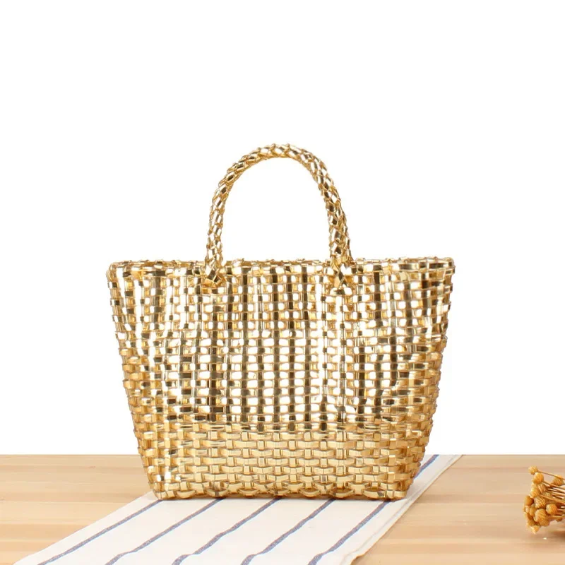 

Сумки-корзины с блестящим плетением, пляжная модная ручная сумка, летняя трава, акриловый пластик, однотонная сумка-тоут для повседневного использования