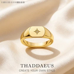 Signet Ring Vintage Star Gold Europe Style Nostalgic Fine Jewelry For Women Summer Brand New Pure 925 Sterling Silver Gift