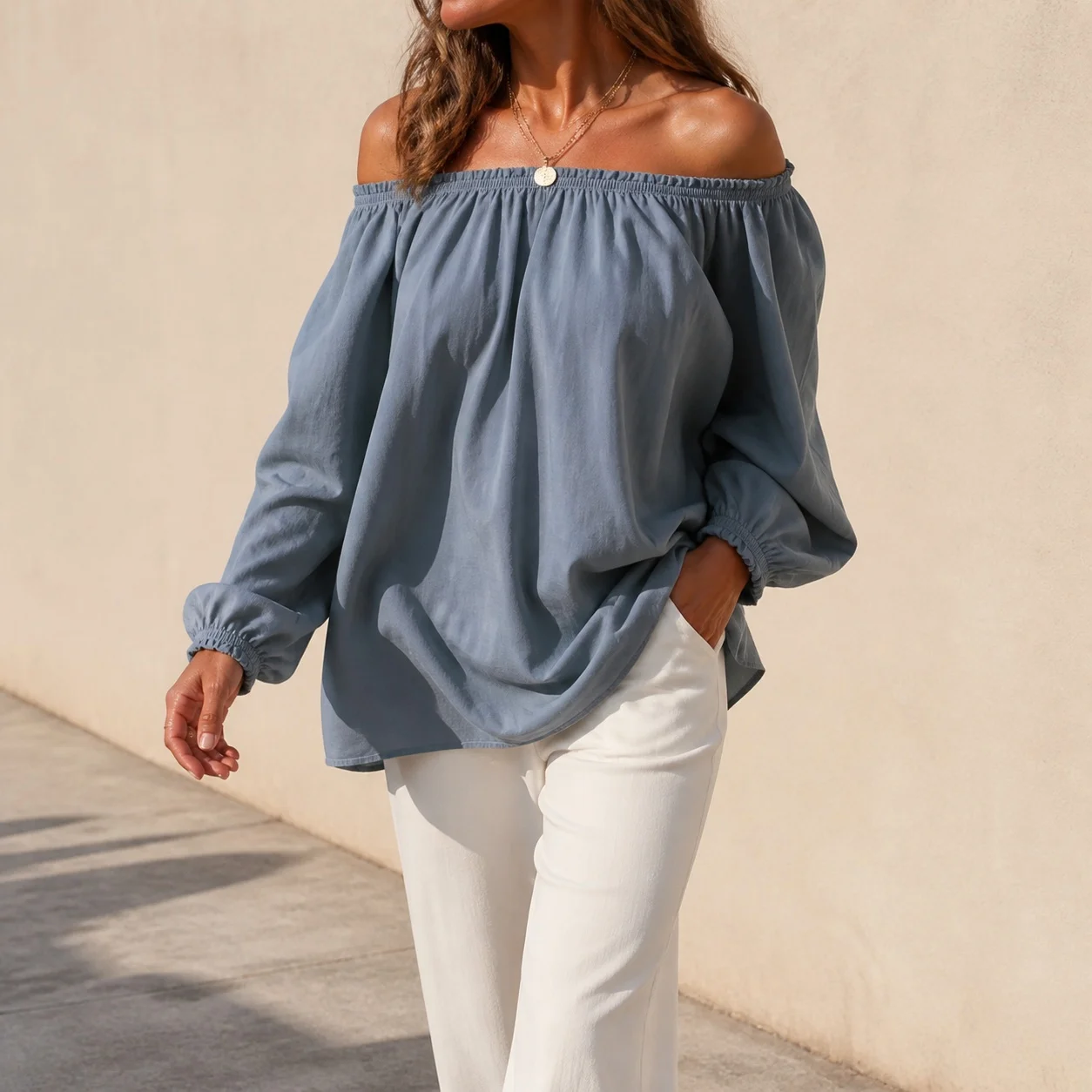Women Off-Shoulder Drop Shoulder Ruffle Elastic Waist Loose Fit Pullover Cotton Linen Solid Color Casual Women's Shirt Blouse
