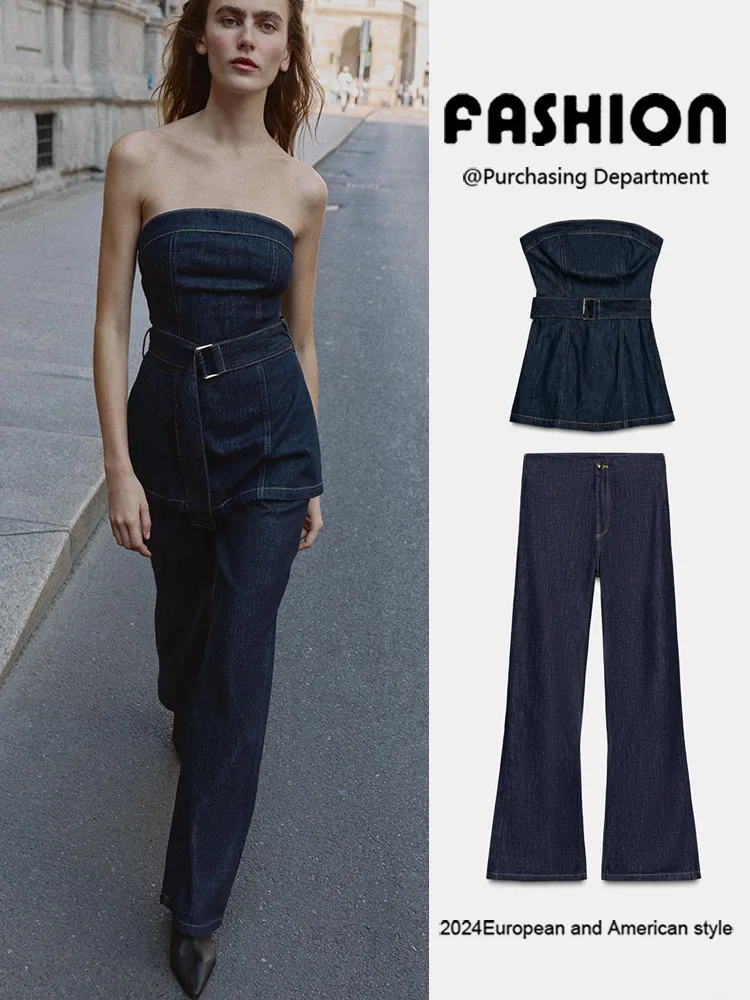 Fall New Arrival Women's Wide Leg Jeans with Belt 748458 407 Denim Pants 748 Ethnic Faion Ladies' Clothing