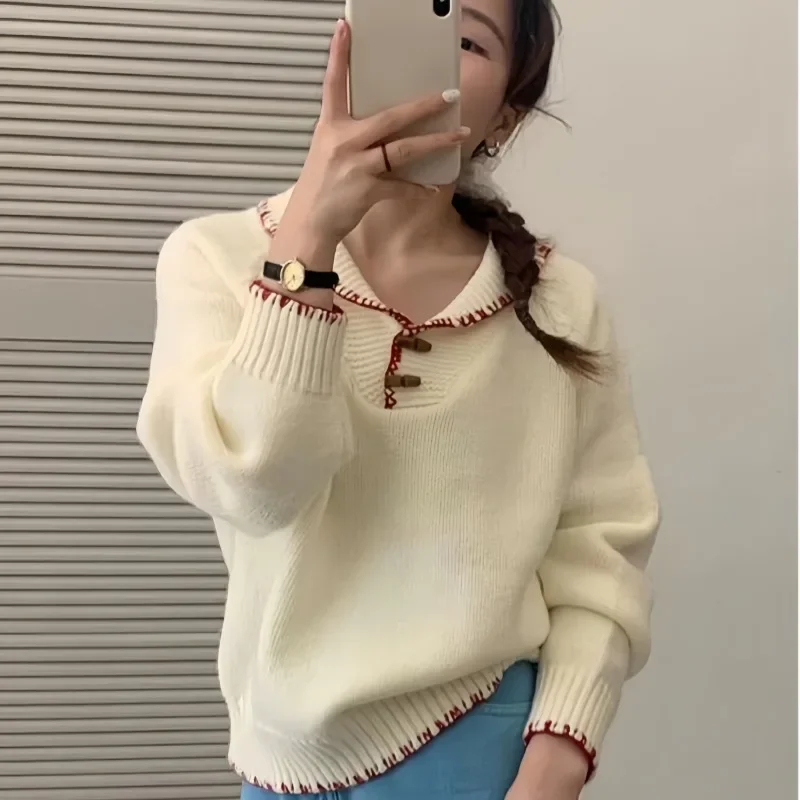 

Women's Autumn Winter Thickened Knitted Top Korean Style Warm Comfortable Pullover French Vintage Buttoned Doll Collar Sweater