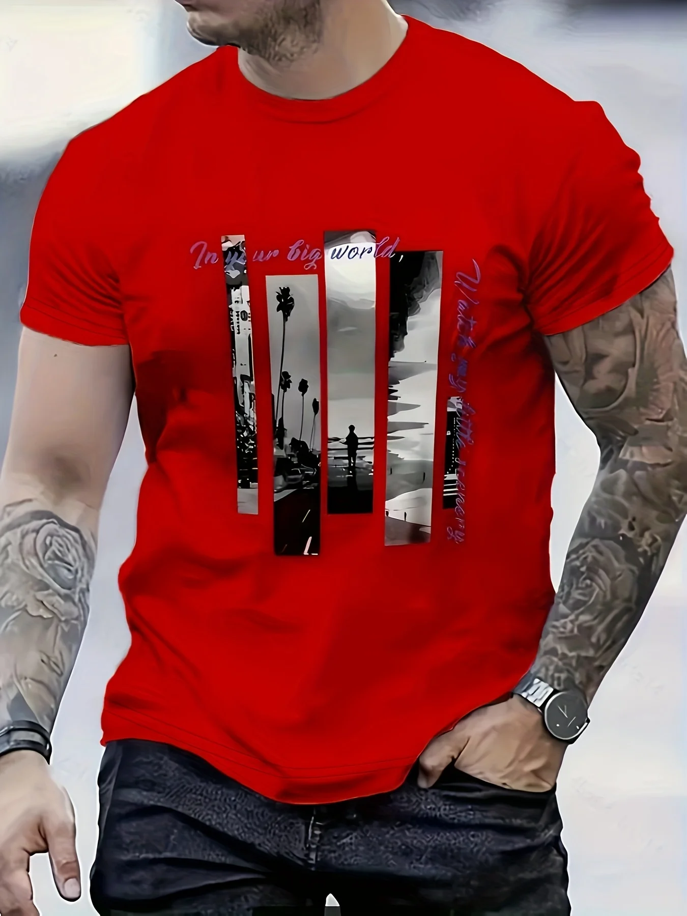 Men's Summer 100% Cotton Fashionable Casual Sports Loose Landscape Pattern Printed Round Neck Short Sleeved T-Shirt Top