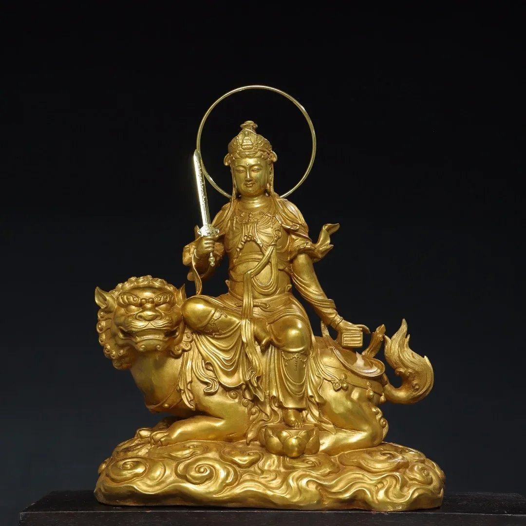 

21"Tibetan Temple Collection Old Bronze Gilded Cinnabar Backlight Manjushri Bodhisattva Sitting Buddha Divine Beast Worship Hall