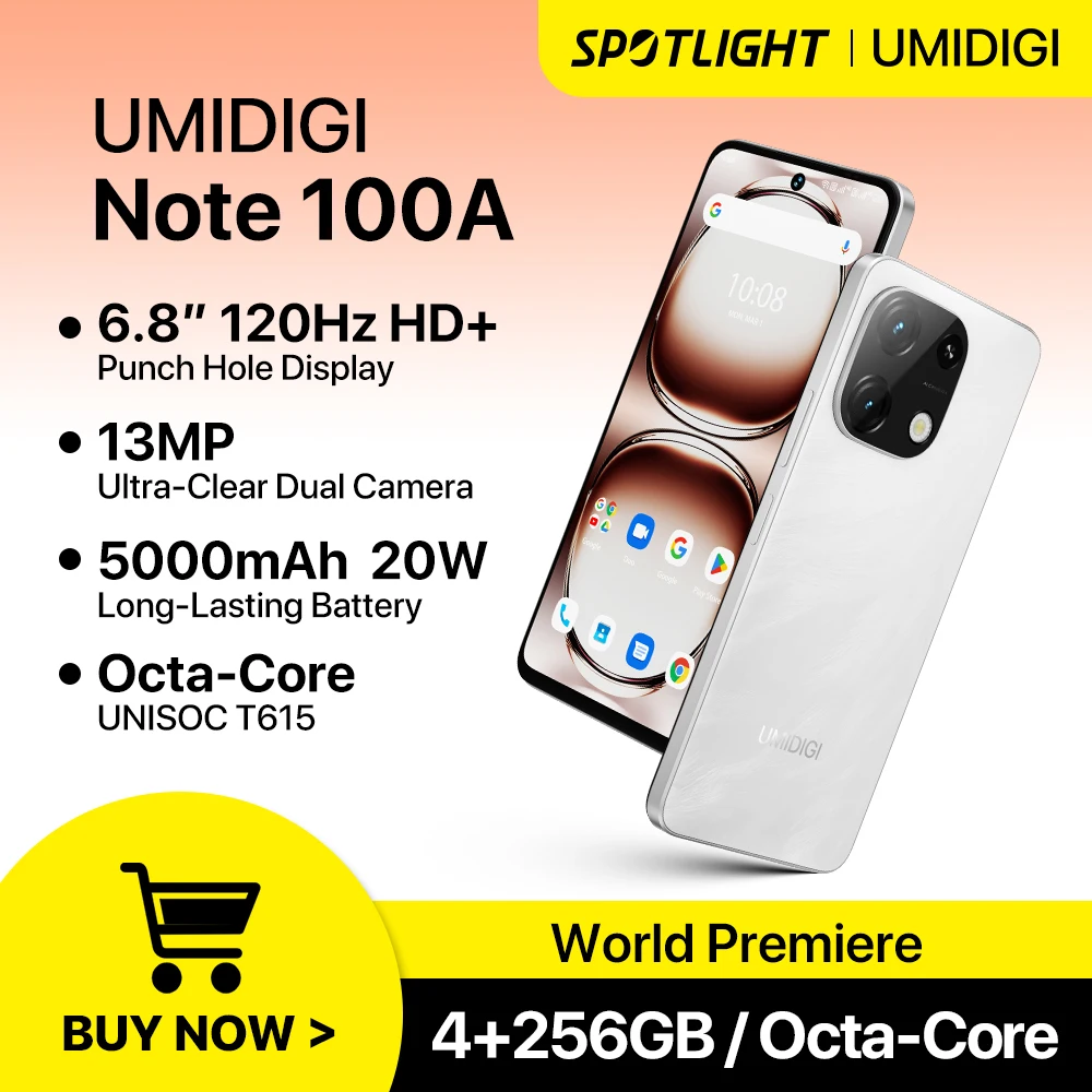 UMIDIGI 노트 스마트폰, 듀얼 SIM 핸드폰, 안드로이드 14, 6.8 인치, 120Hz HD, 13MP, 4GB, 256GB, 20W, 5000mAh 배터리, 100A, 월드 프리미어 