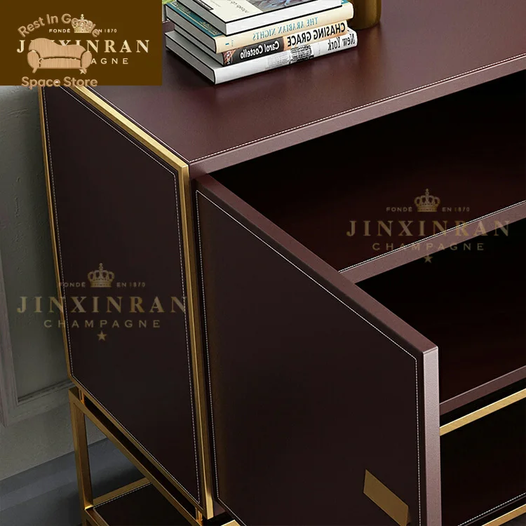 High Gloss Deluxe Wooden Buffet Cabinet Stainless Steel Locker Brown Wooden Modern Buffet Deluxe Side Cabinet