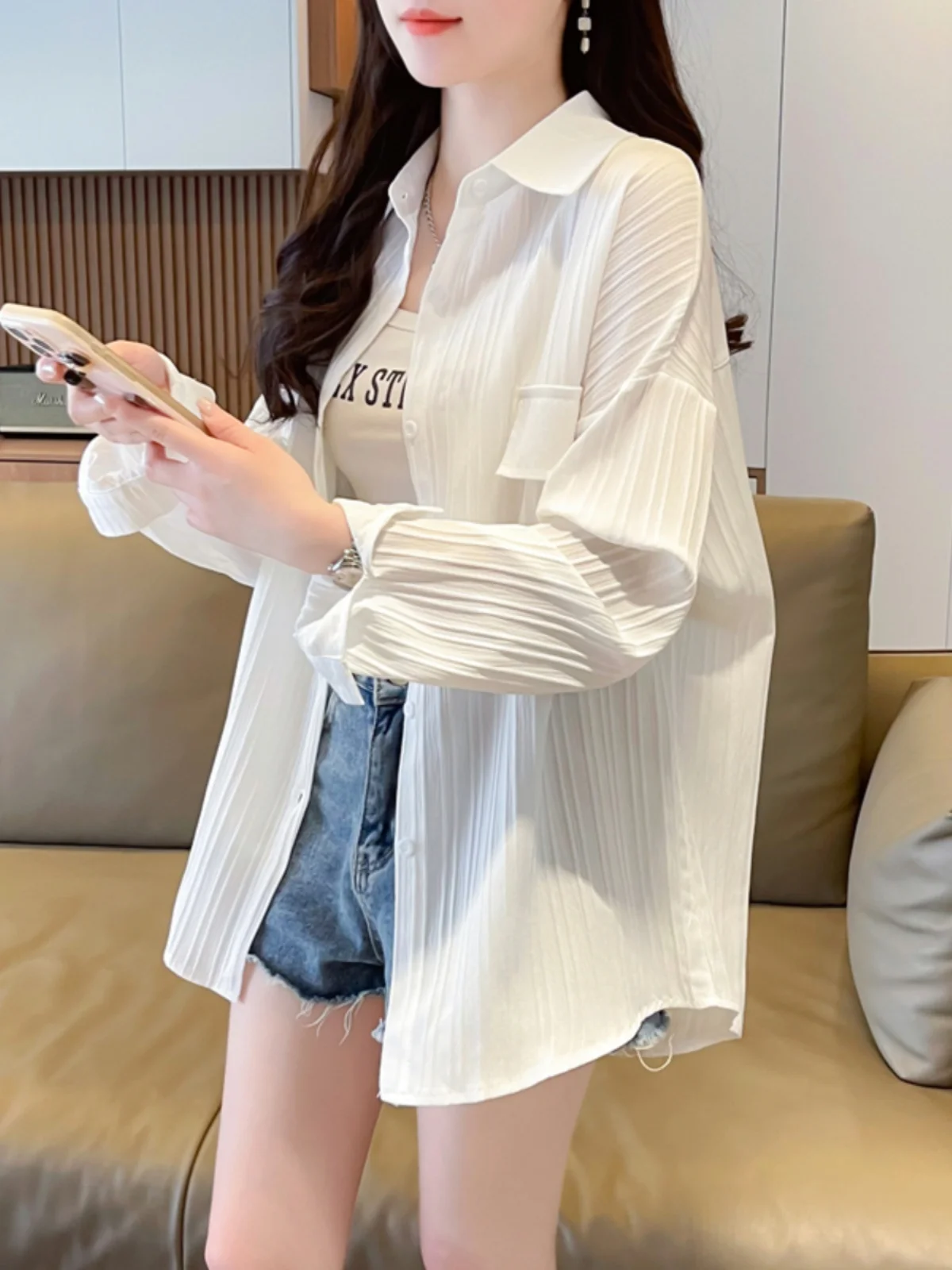 Women's Shirt Sunscreen Long Sleeves Shirt Summer Women's Loose Casual Single Breasted Turndown Collar Basics Chiffon Cardigan