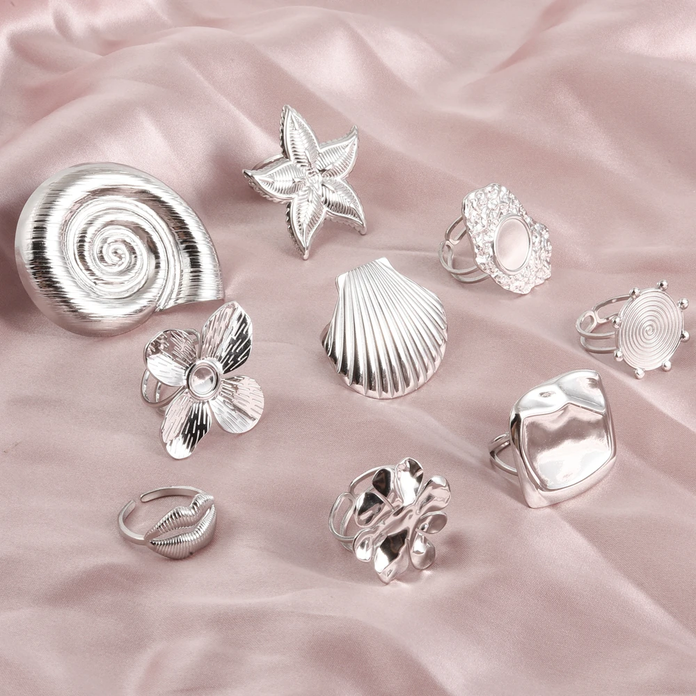

6pcs/Lot Silver Color Stainless Steel Fashionable Ring Floral/Lip/Conch/Shell Women's Ring Supplies Jewelry Gift Will Never Fade